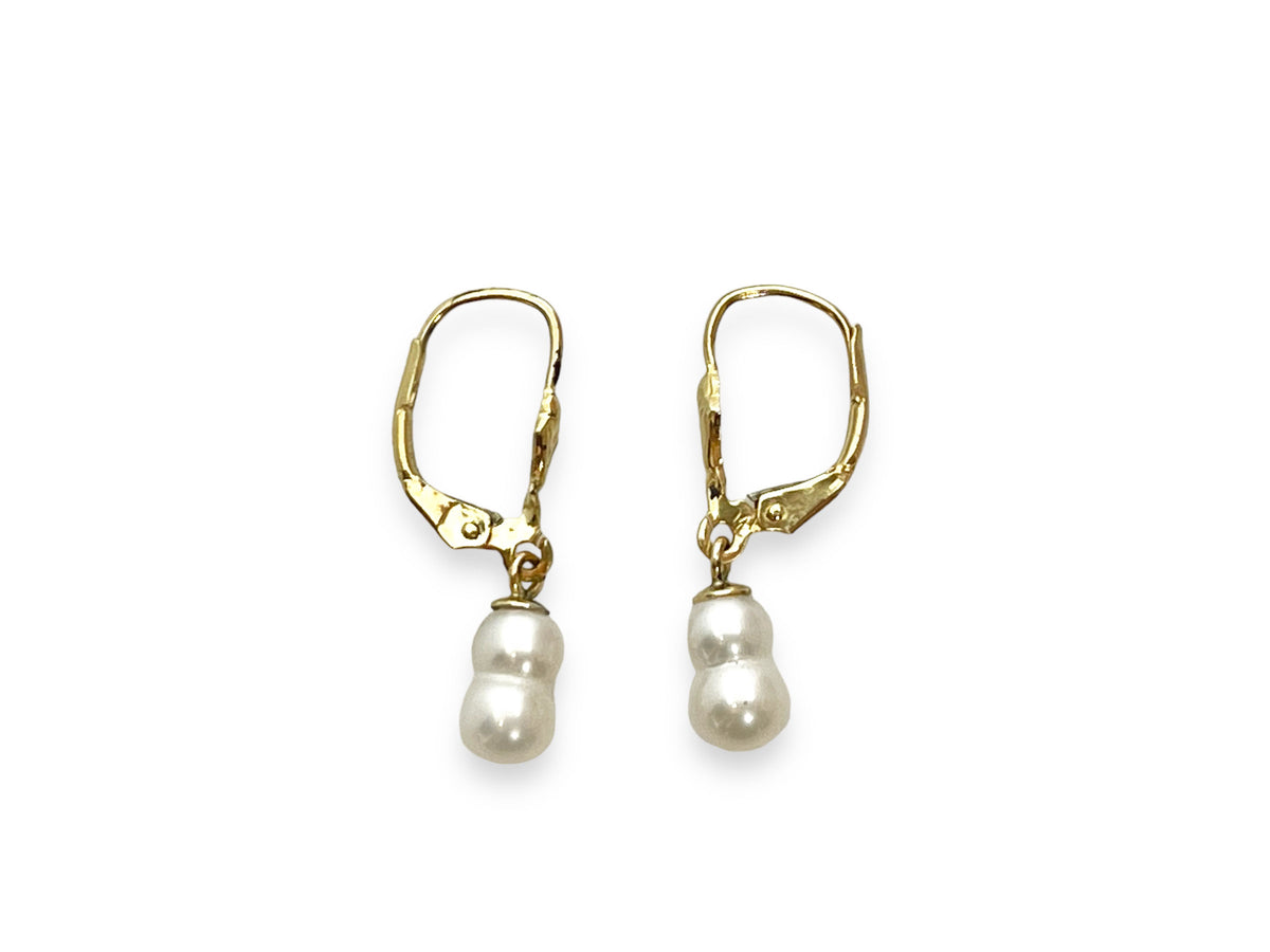 White Twin Pearl Dangle Leverback Earrings 14kt Gold