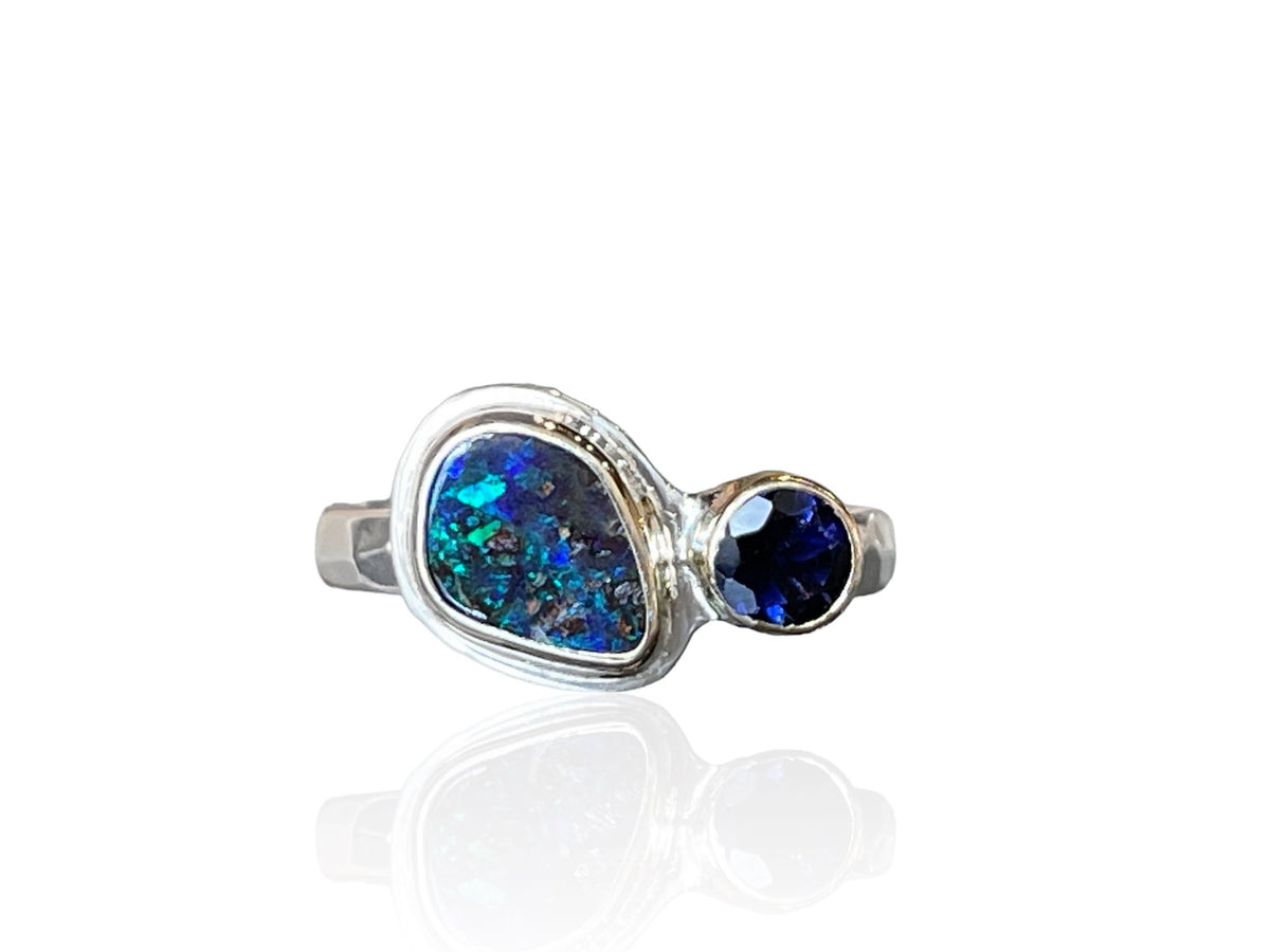 Boulder Opal and Iolite Two Stone Ring