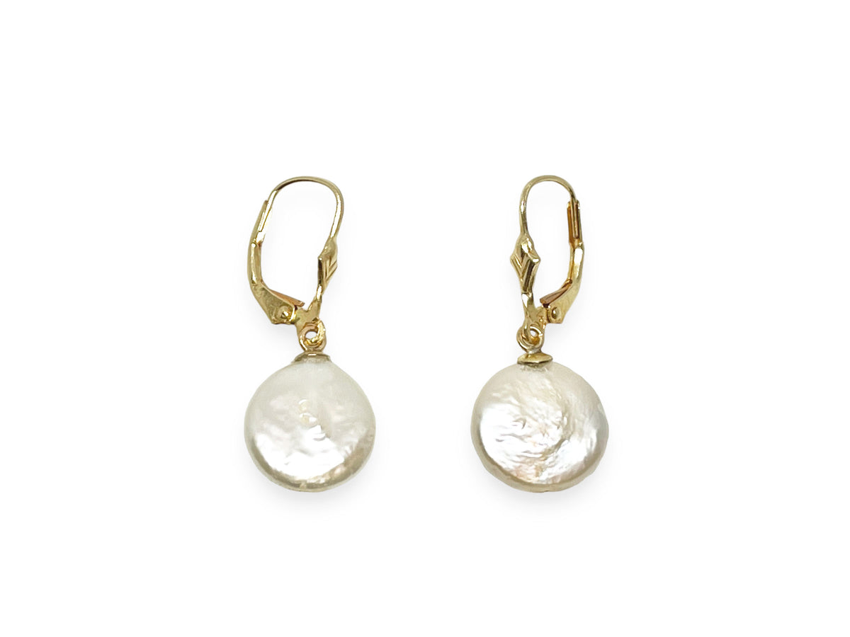 Coin Pearl Earrings White 14kt Yellow Gold