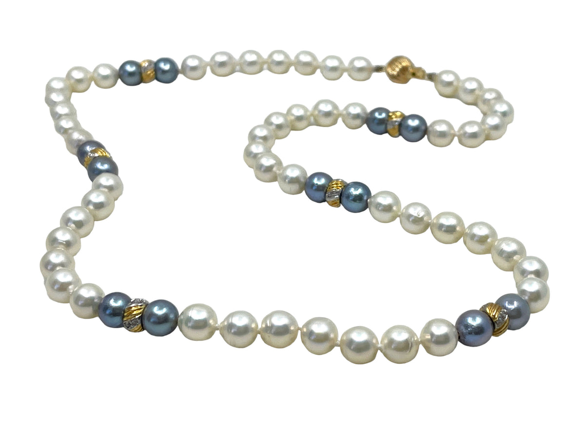 White Cultured Pearl Strand with Grey Pearl and Diamond Accents