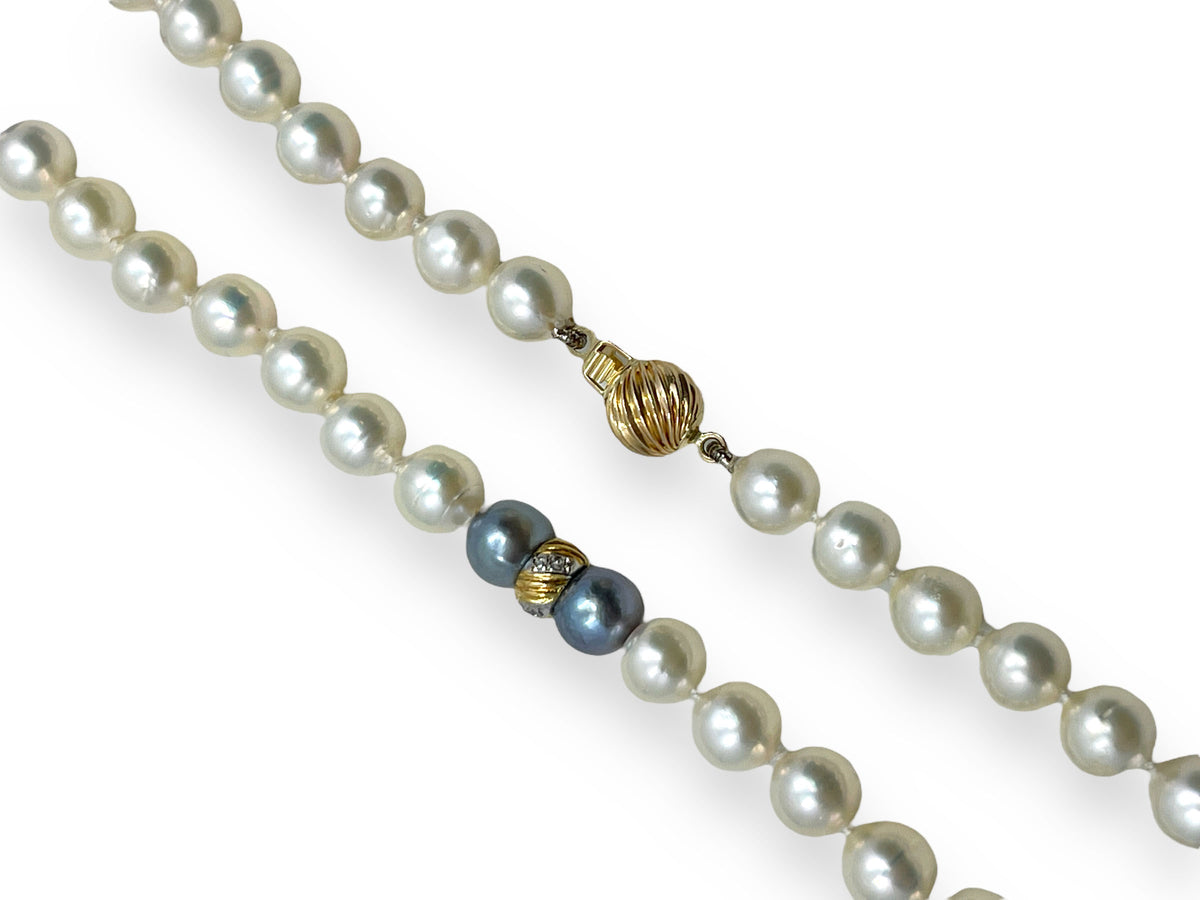 White Cultured Pearl Strand with Grey Pearl and Diamond Accents
