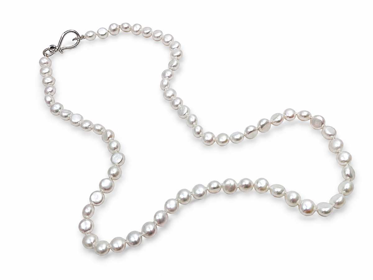 White Organic Round Shaped Freshwater Pearls with Silver Clasp