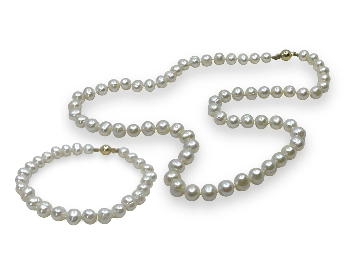White Ringed Freshwater Cultured Pearl Necklace and Bracelet Set