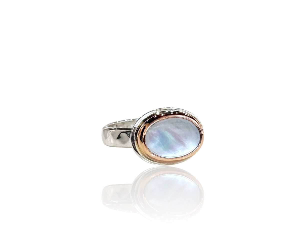 White Oval Side Set Mother of Pearl Ring Rose Gold and Silver Size 8