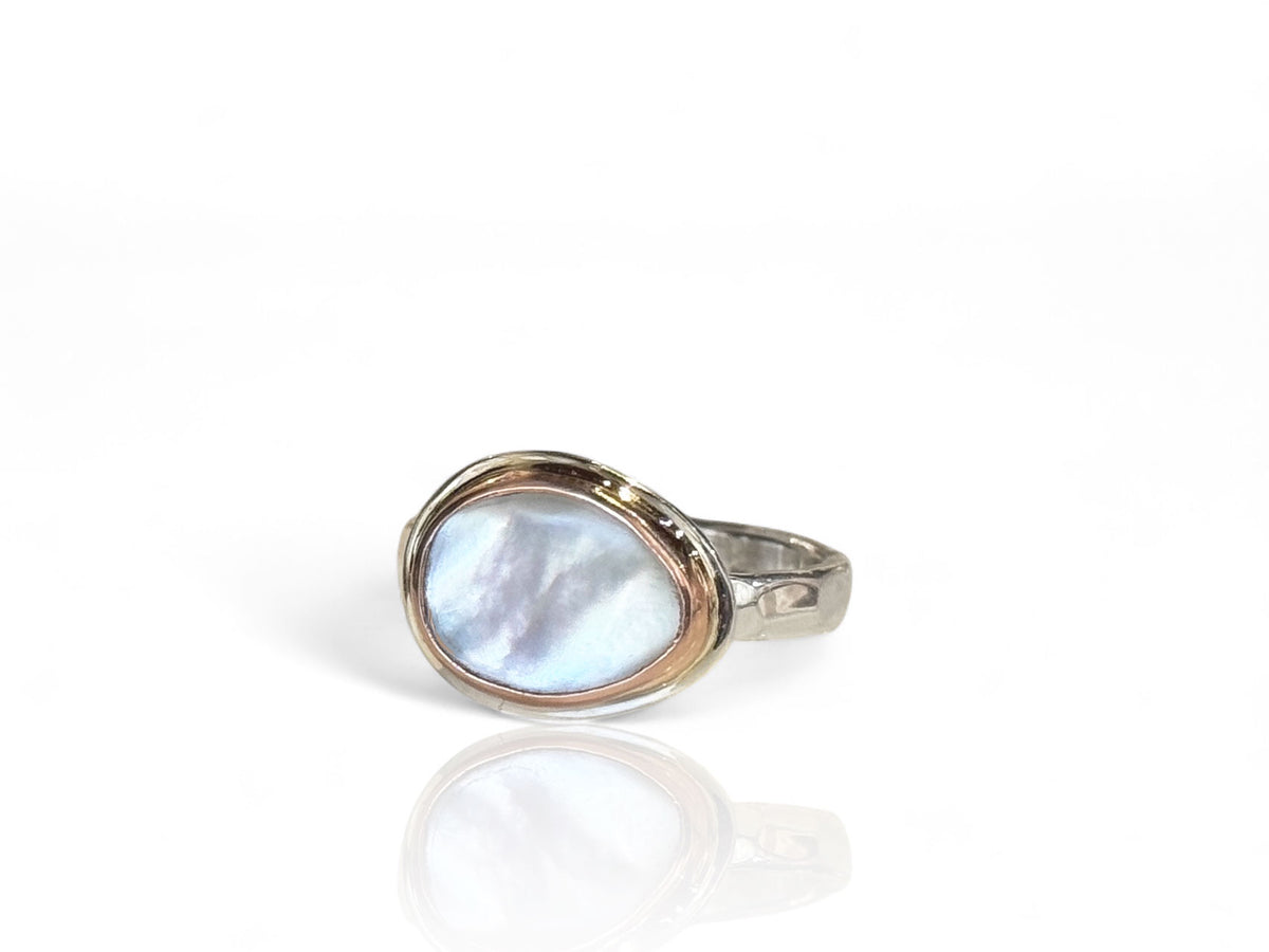 White Side Set Mother of Pearl Ring Rose Gold and Silver Size 7