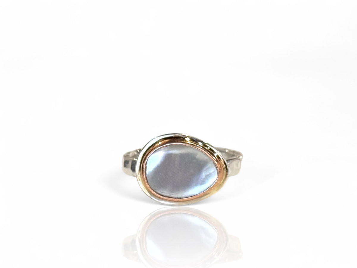 White Side Set Mother of Pearl Ring Rose Gold and Silver Size 7