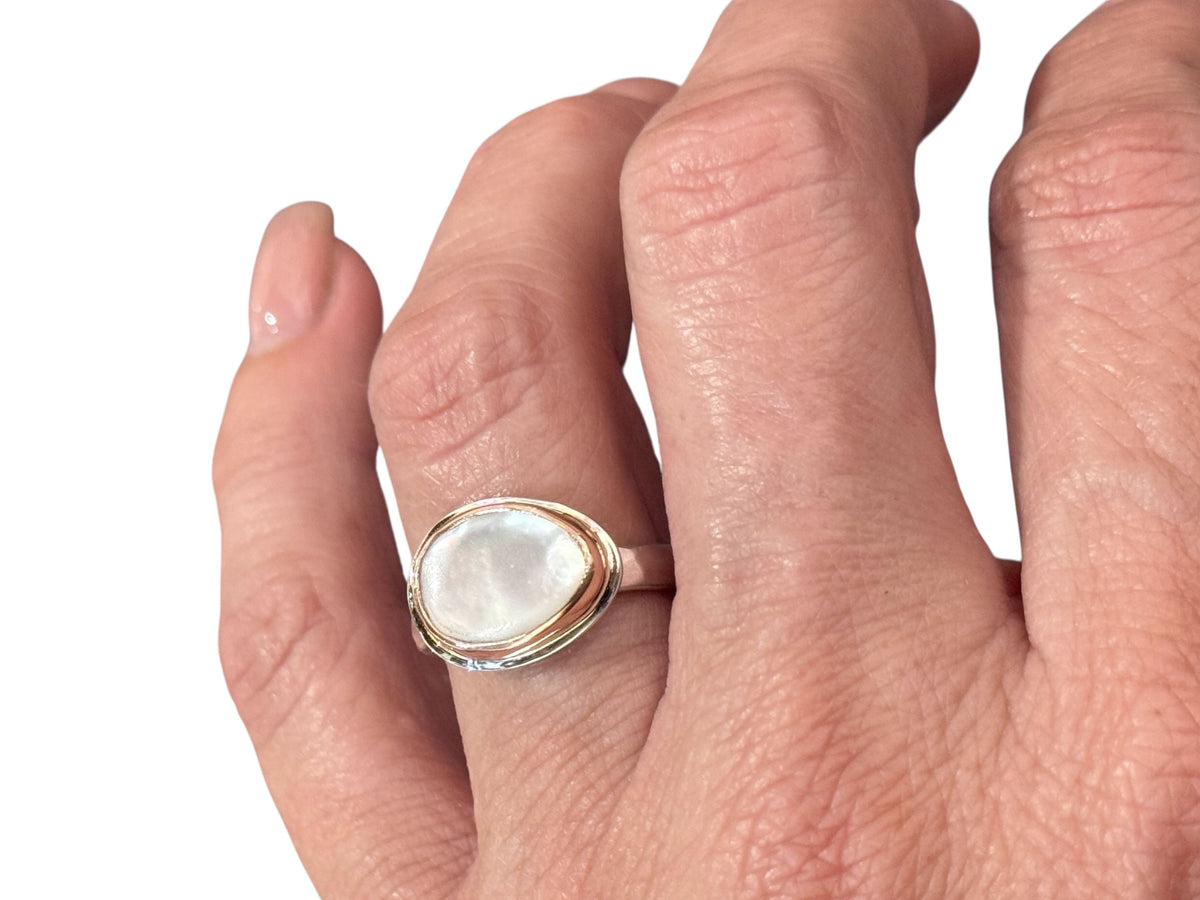 White Side Set Mother of Pearl Ring Rose Gold and Silver Size 7