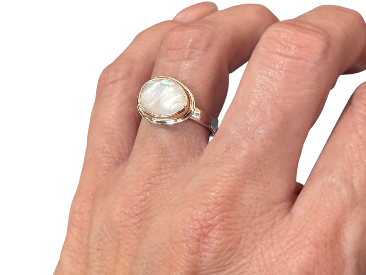 White Side Set Mother of Pearl Ring Rose Gold and Silver Size 7