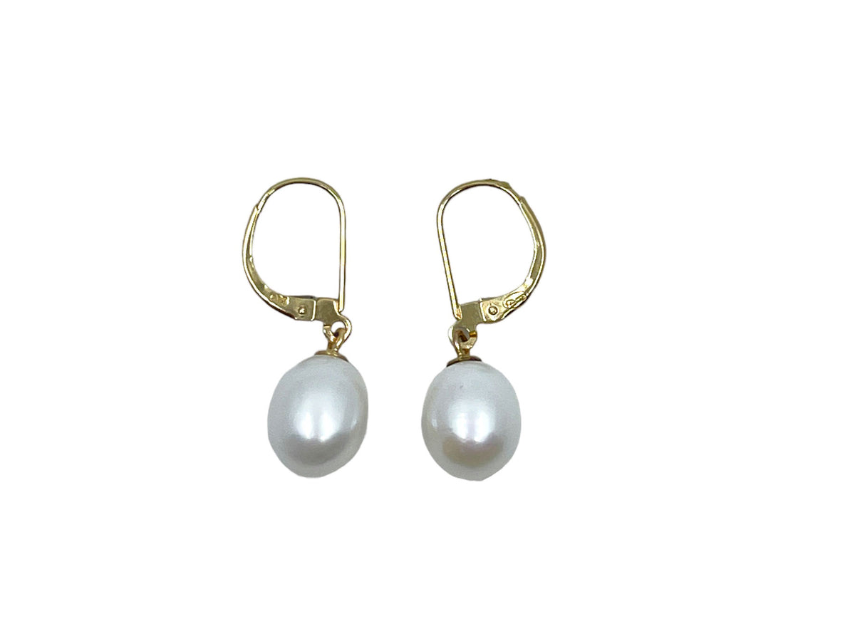 White Pearl Oval Dangle Earrings with 14kt Gold Leverbacks