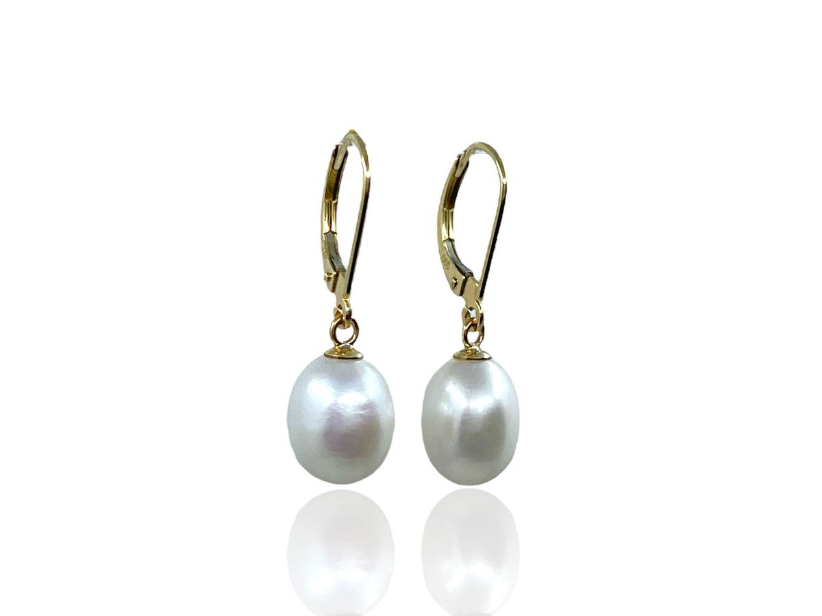 White Pearl Oval Dangle Earrings with 14kt Gold Leverbacks