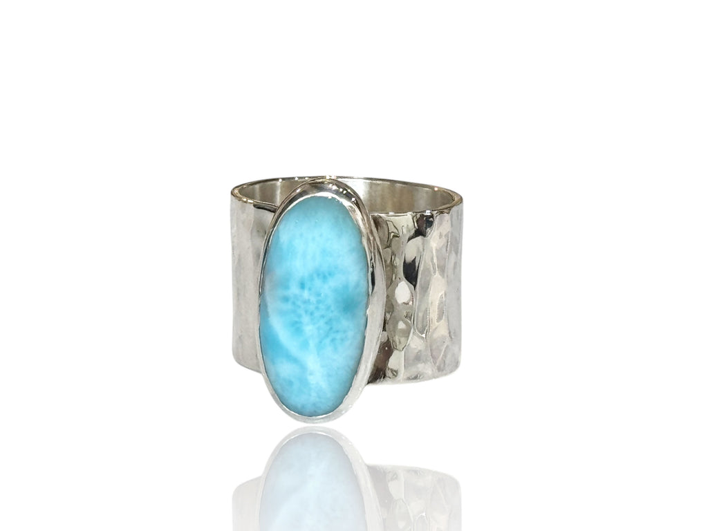 Larimar Oval Ring with Wide Hammered Band Sterling Silver