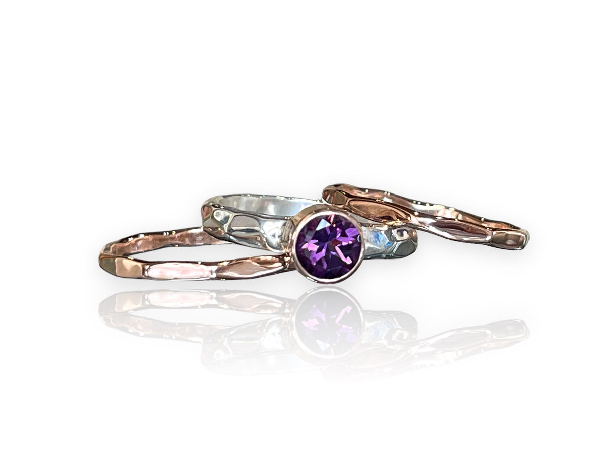 Amethyst Stack Ring Set Rose Gold and Sterling Silver