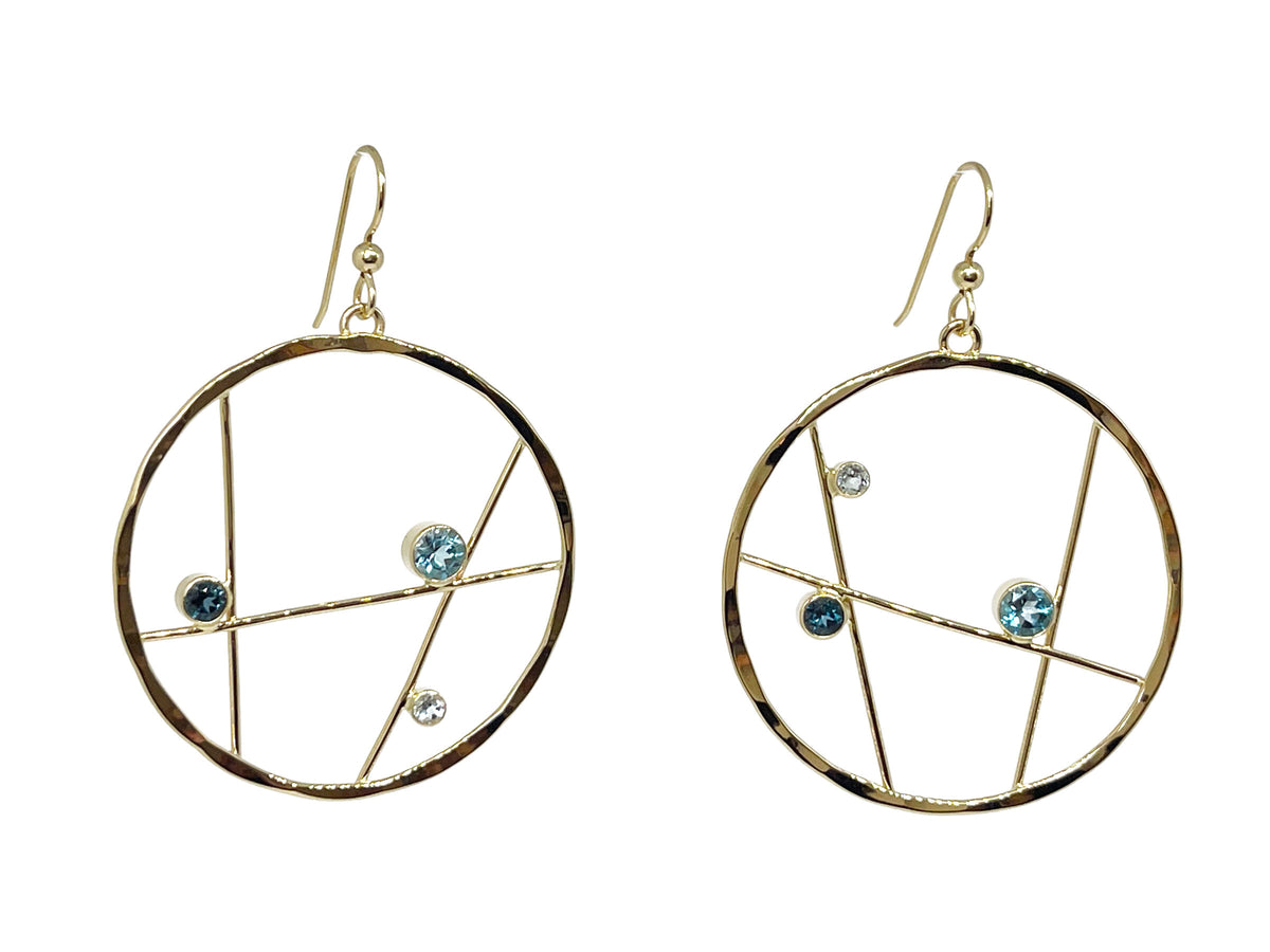 Gold Hammered Hoop Earrings with Blue Topaz