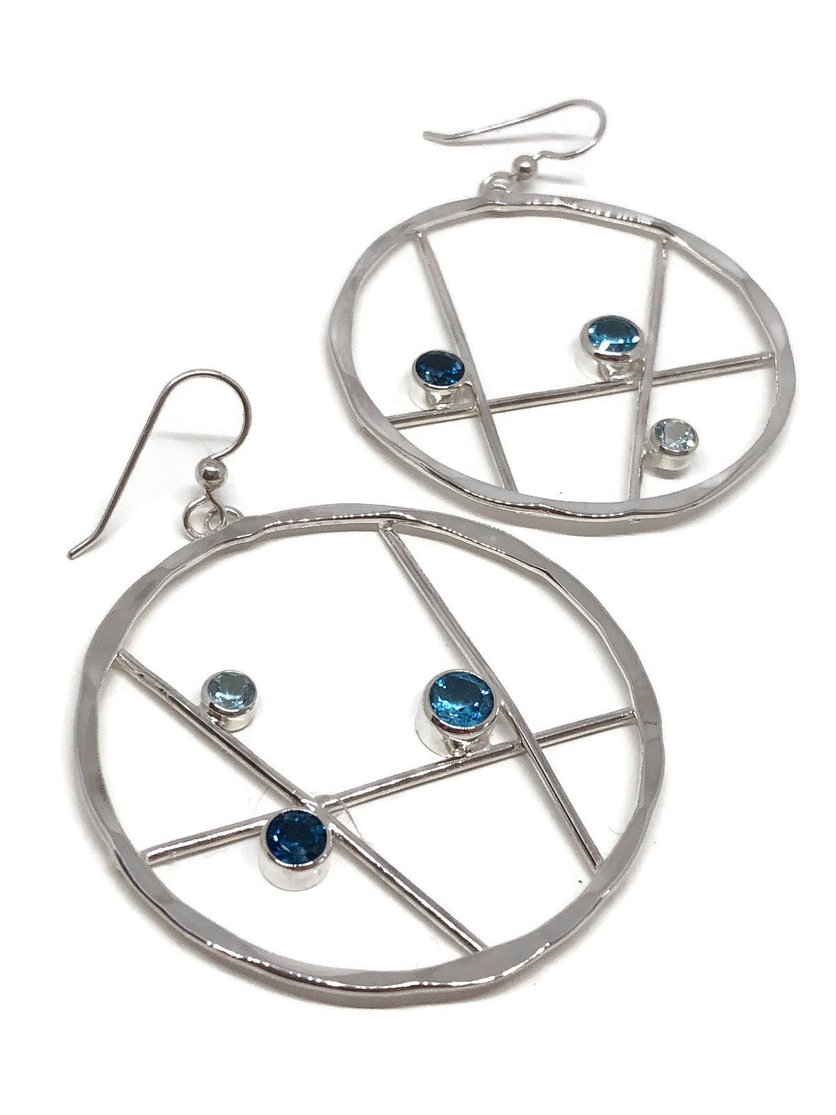 Blue Topaz Hoop Earrings Hammered Silver