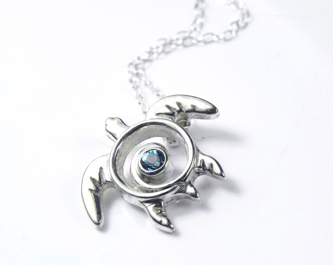 Blue Topaz Sea Turtle Necklace Silver December Birthstone