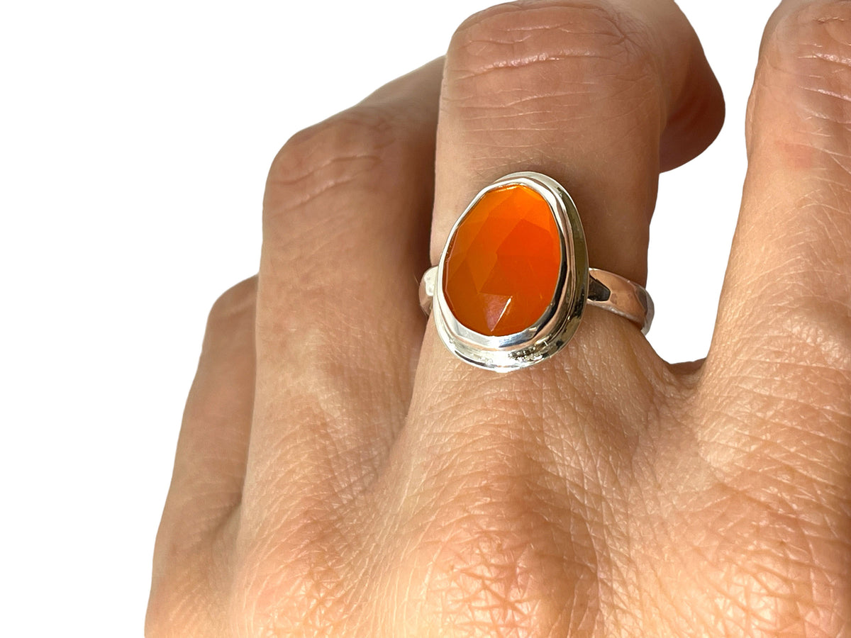 Carnelian Silver Ring Faceted Freeform Size 7-1/2