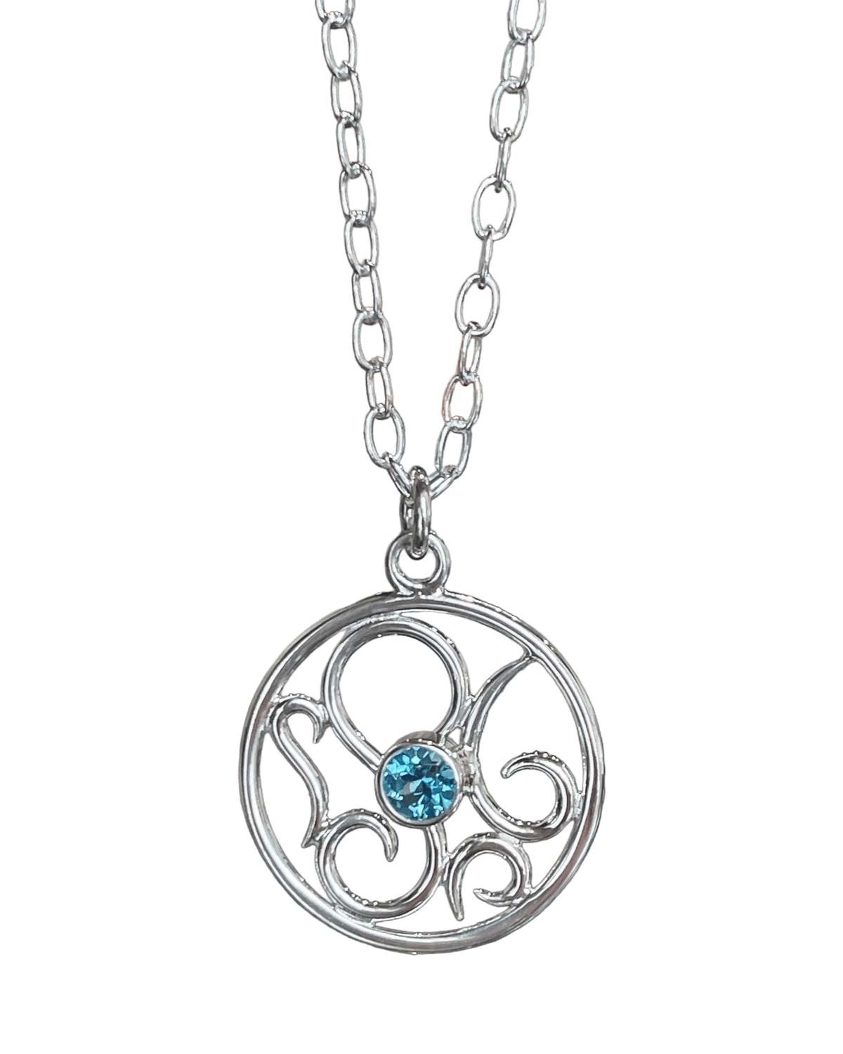 Silver Swirl Abstract Octopus Pendant with Blue Topaz