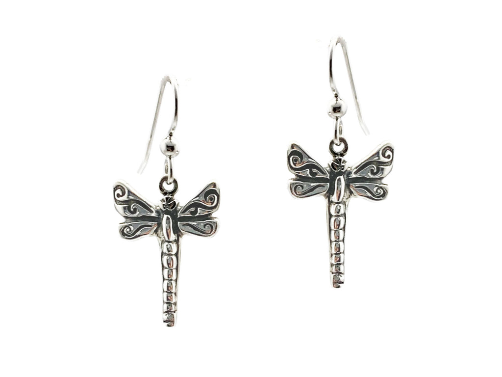 Dragonfly Silver Earrings with Swirl Details