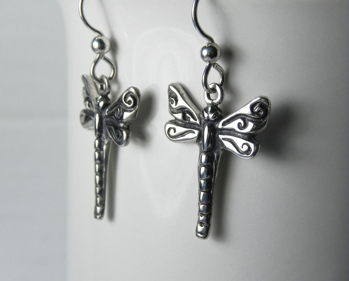 Dragonfly Silver Earrings with Swirl Details