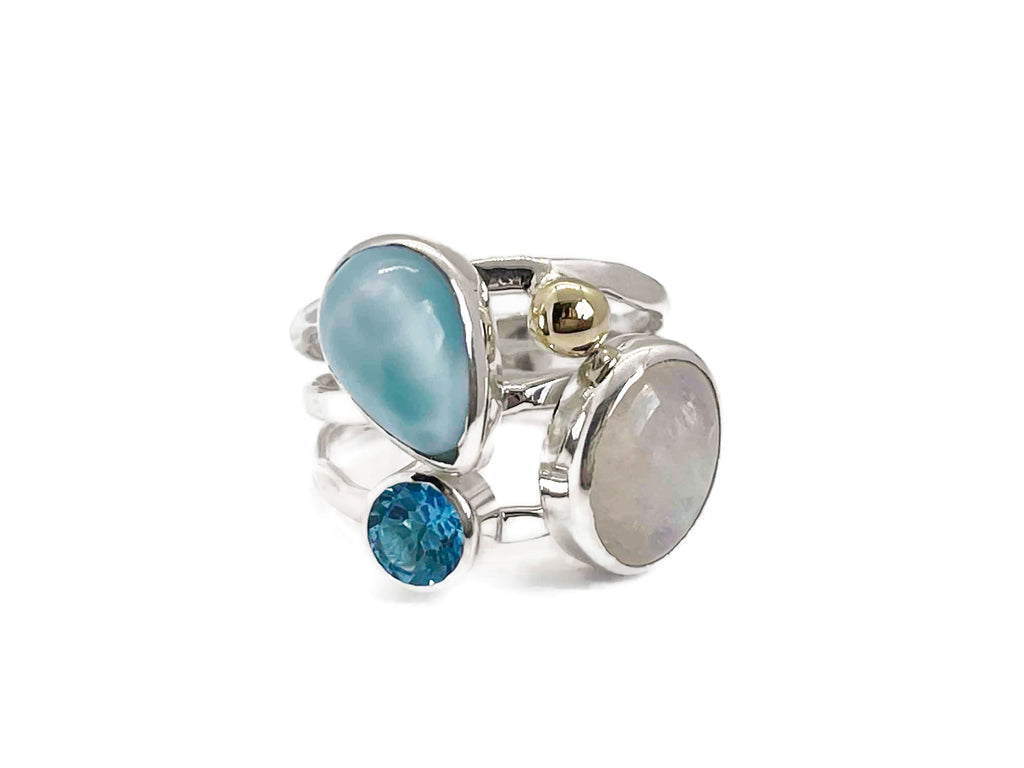 Larimar Rings with Moonstone and Blue Topaz - FantaSea Jewelry