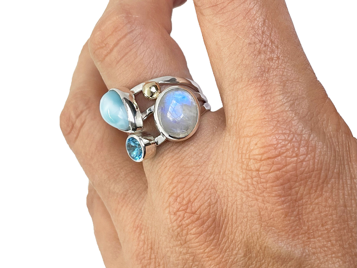 Larimar Rings with Moonstone and Blue Topaz