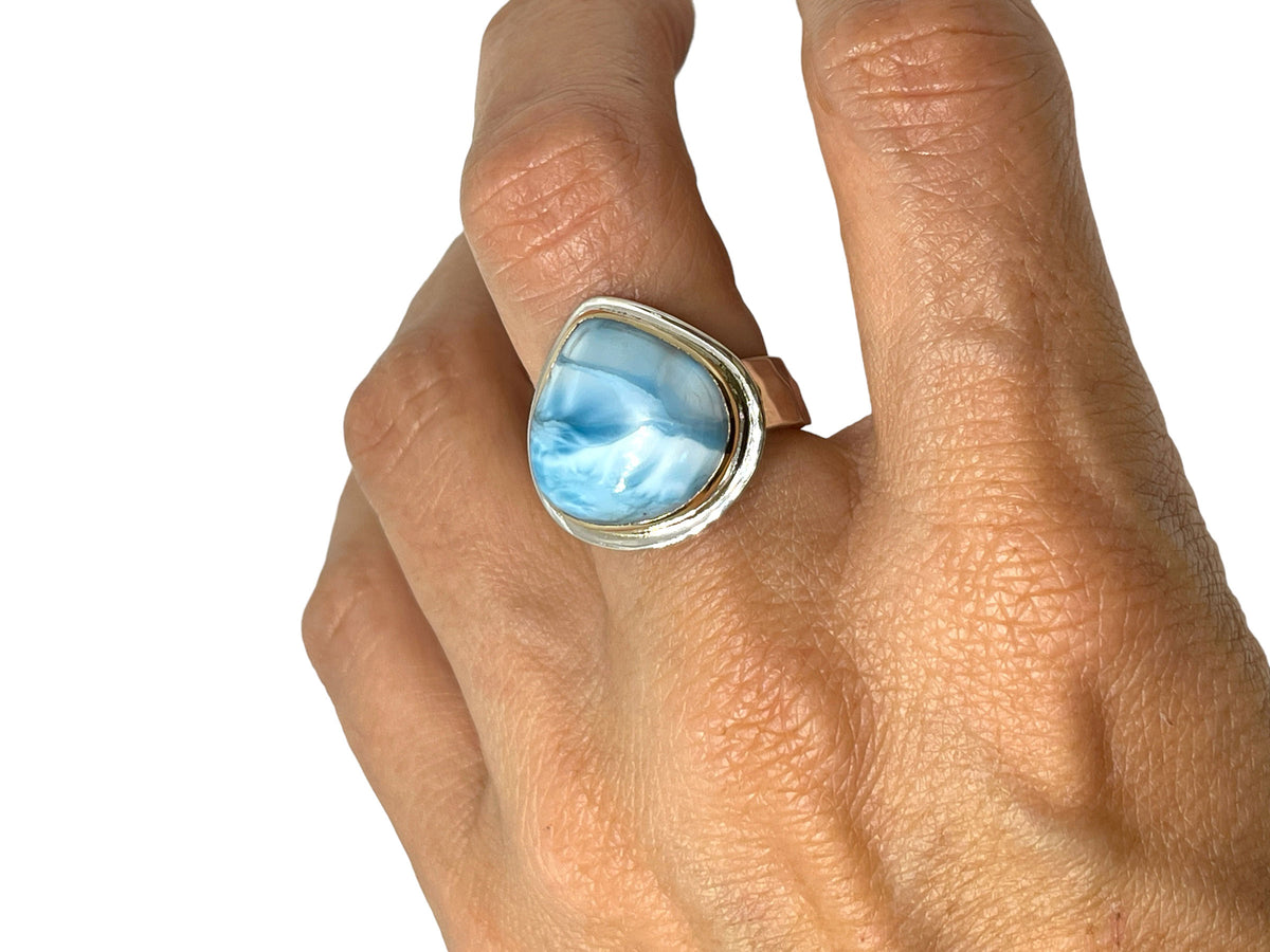 Larimar Two Tone Ring with Wide Hammered Band Size 7-1/2