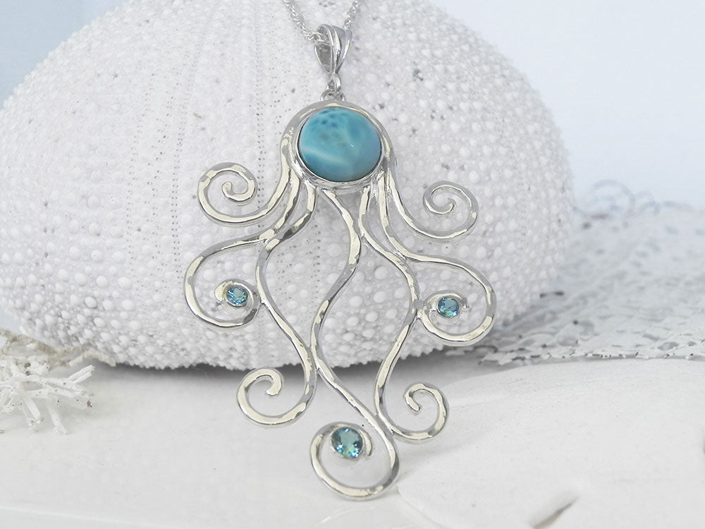 Caribbean Larimar and Blue Topaz Octopus Pendant Sterling Silver