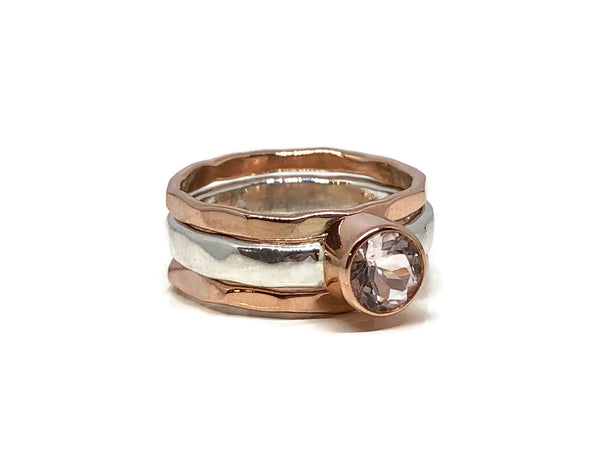 Morganite Rose Gold Ring Silver Stack Set - FantaSea Jewelry
