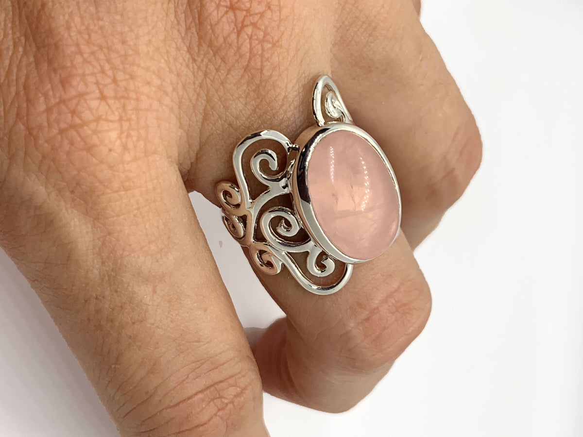 Rose Quartz Ring with Silver Swirl Accents (Multiple sizes)