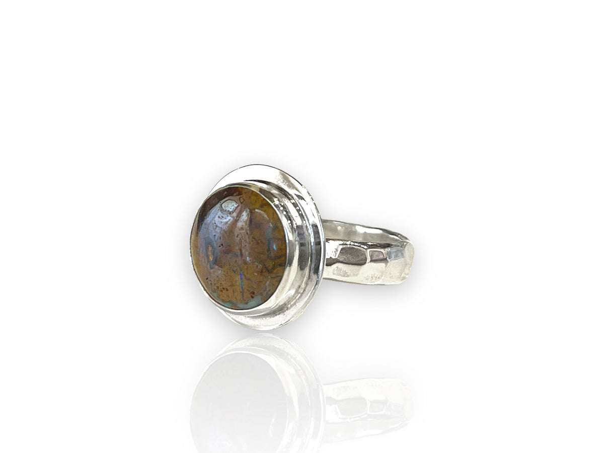 Boulder Opal Ring Green Fibers Sterling Silver