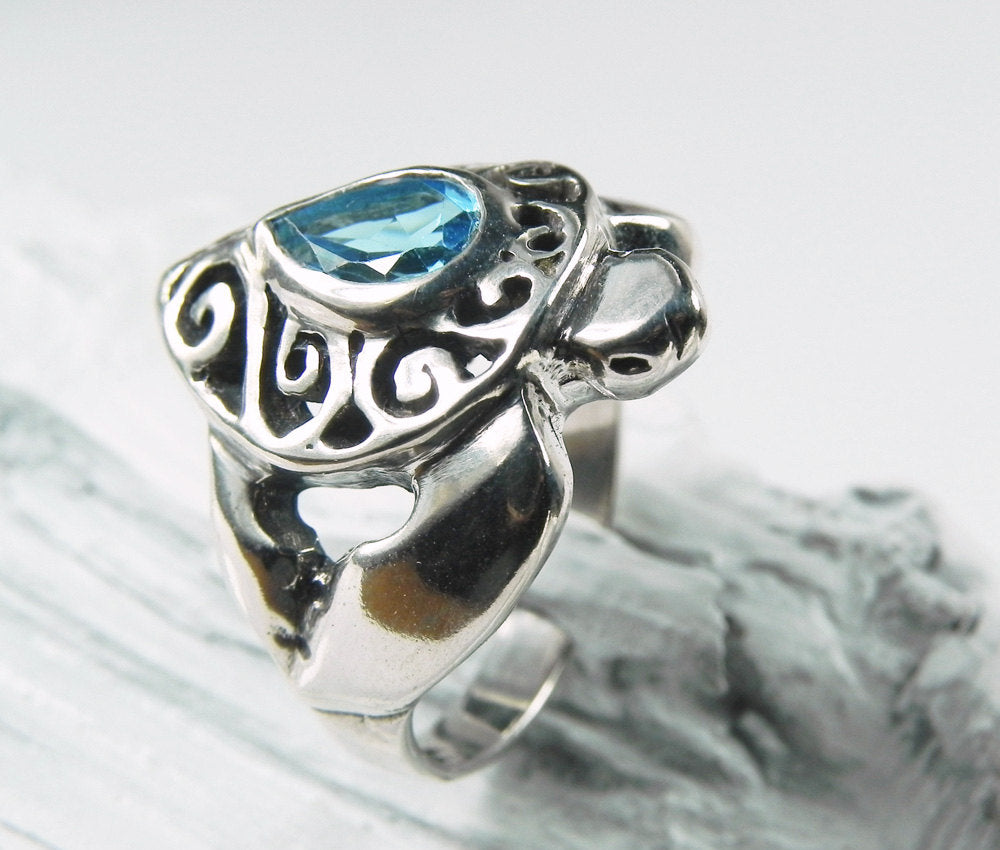 Sea Turtle Ring with Blue Topaz Swirl Shell