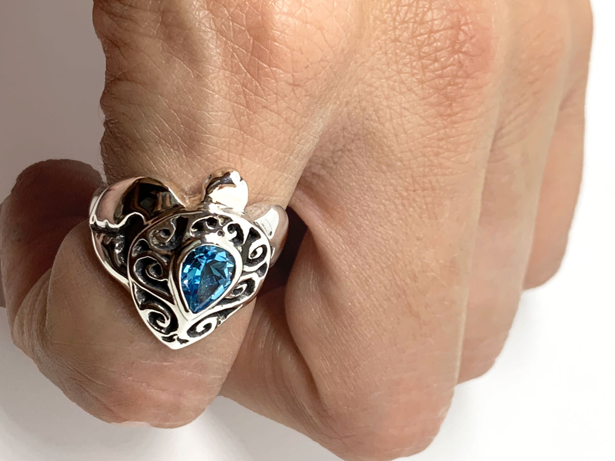 Sea Turtle Ring with Blue Topaz Swirl Shell