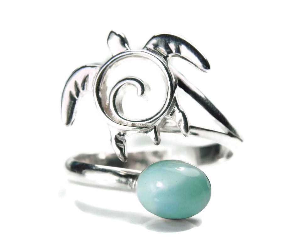 Sea Turtle Swirl Ring with Larimar Adjustable Sterling Silver